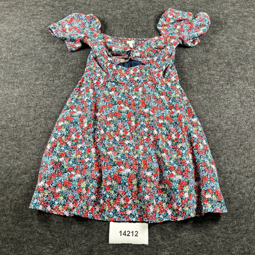 GB A-Line Dress Womens Small Blue Floral Short Sleeve Cut Out Front Smocked Back